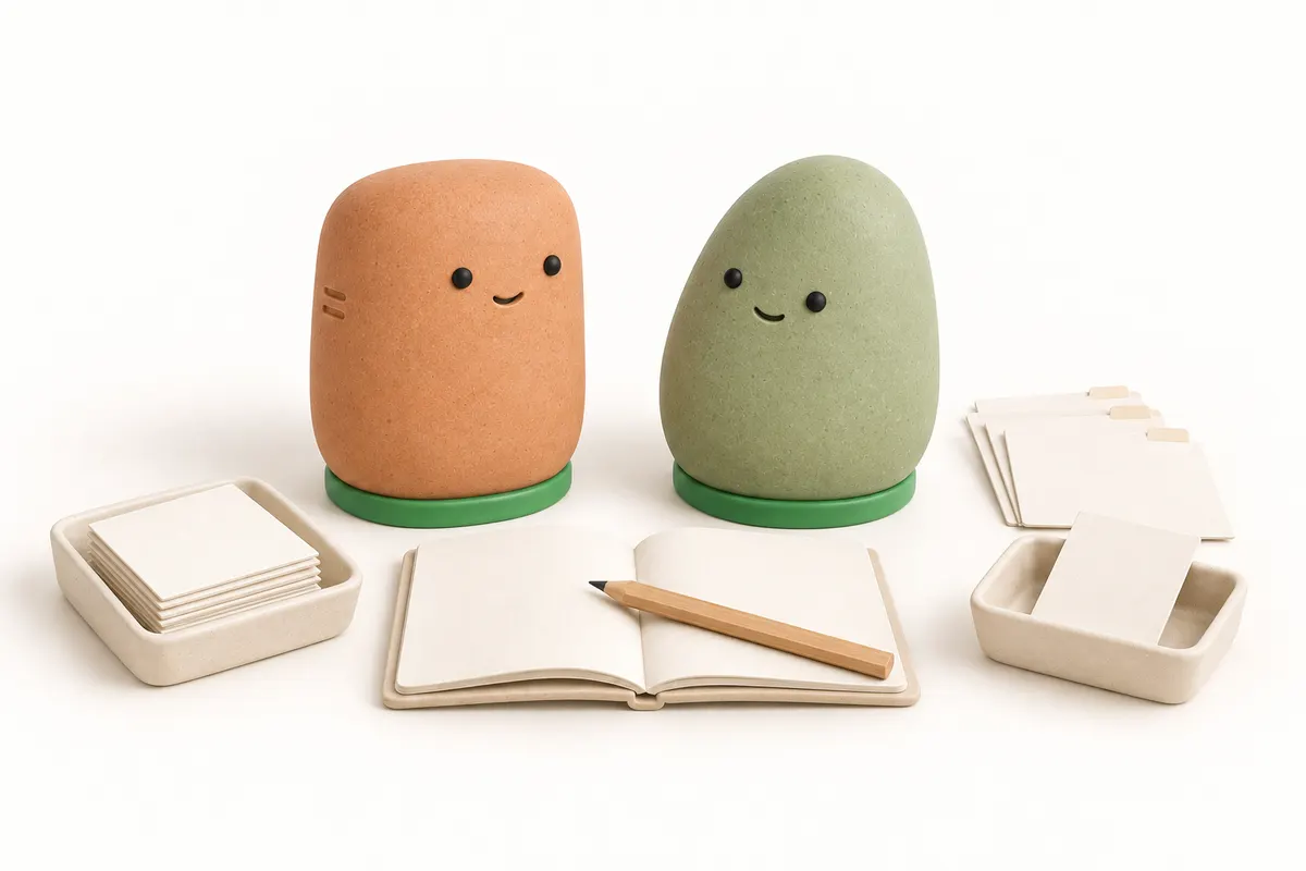 Deux figurines Memlia autour d’un carnet de travail et de pièces à éprouver.