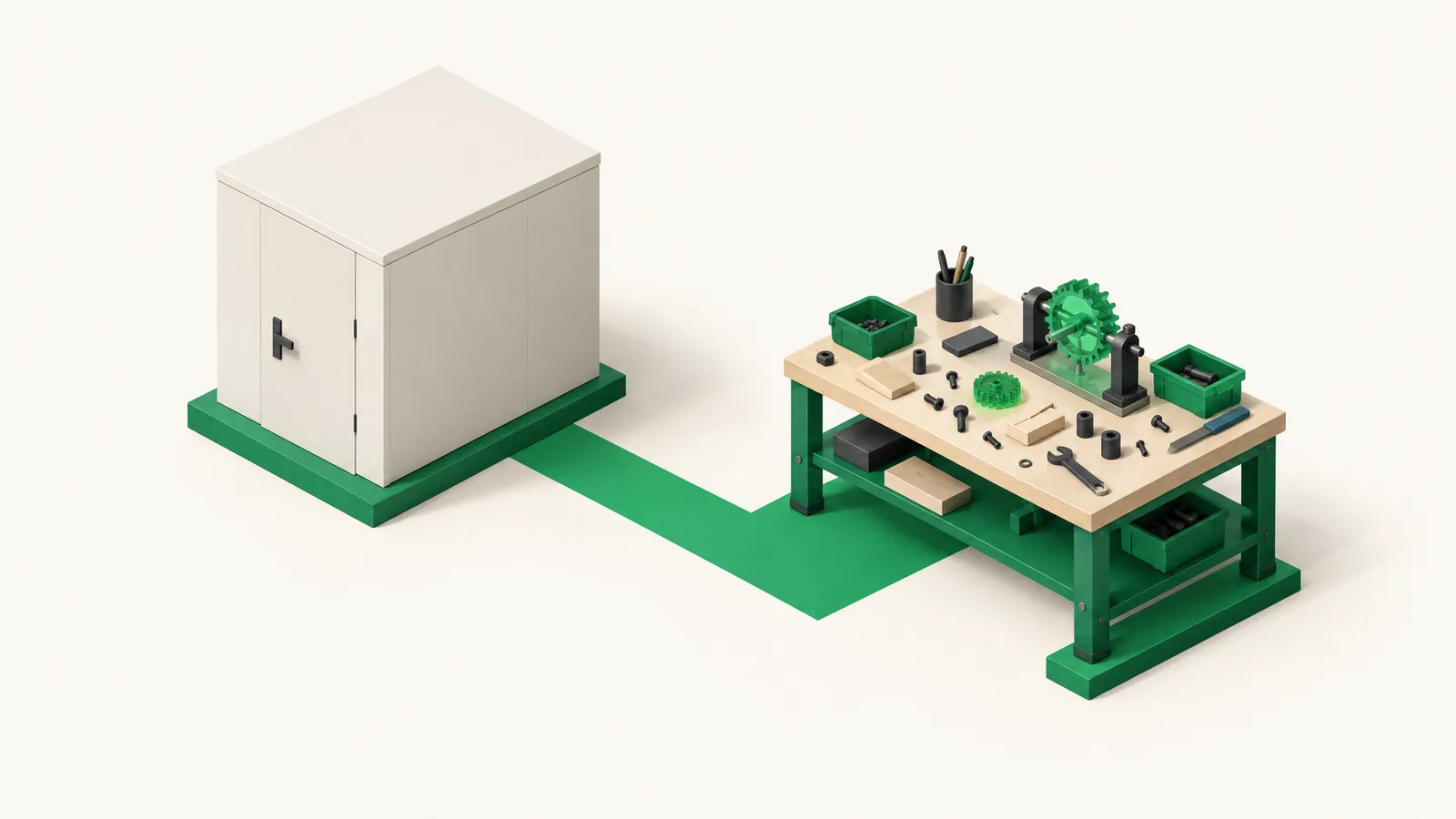 Diorama 3D isométrique : un bâtiment neuf et fermé à côté d’un établi ouvert où le travail se fait, fond crème