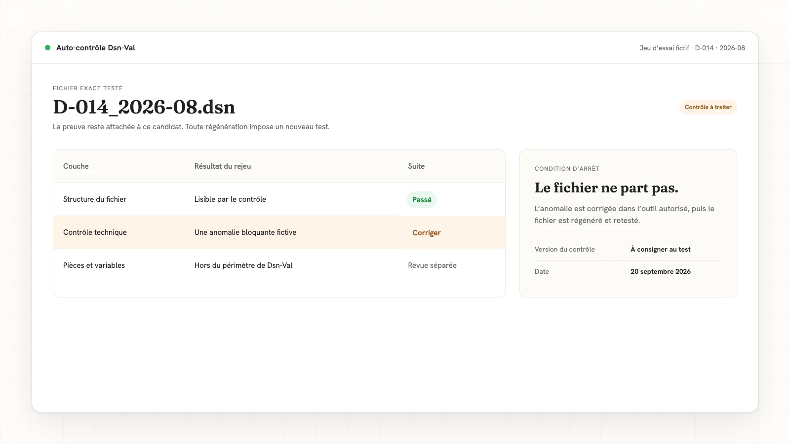 Reconstitution d’un résultat Dsn-Val sur un fichier fictif, avec anomalie bloquante et nouveau test attendu.