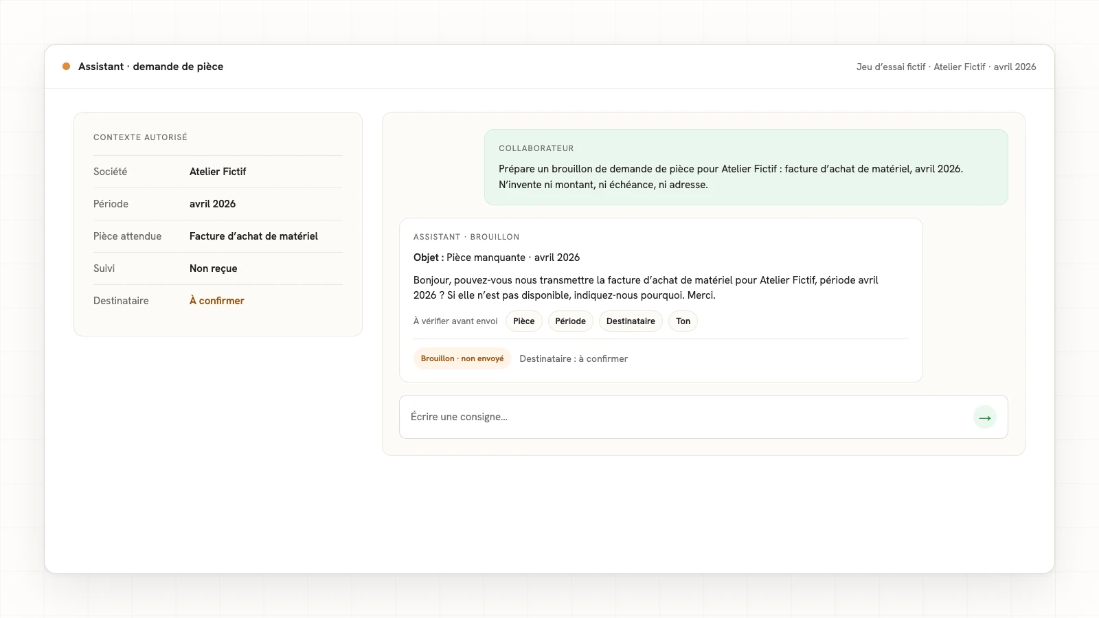 Fenêtre d’assistant fictive : consigne du collaborateur et brouillon de demande de facture, non envoyé.