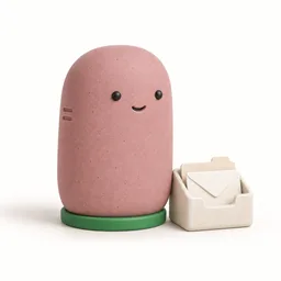 Figurine du robot Suivi URSSAF, en argile mate, avec un porte-courrier crème avec enveloppe et un anneau vert.