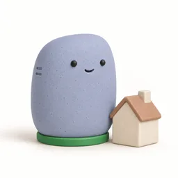 Figurine du robot Collecte des taxes foncières, en argile mate, avec une petite maison de céramique crème et un anneau vert.